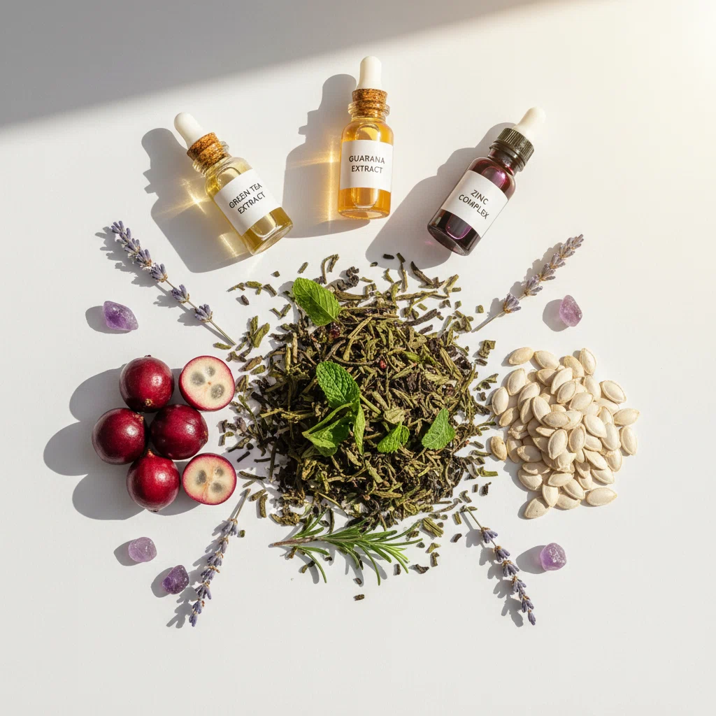 Platligging van botanische ingrediënten: groene thee, guarana, pompoenzaad, kruiden